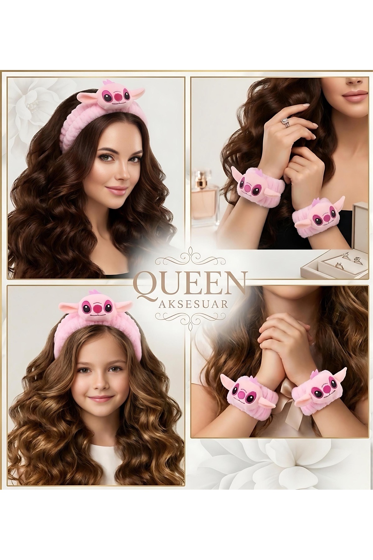 QUEEN AKSESUAR Pembe stitch Peluş 3 boyutlu 3lü Bandana Bileklik