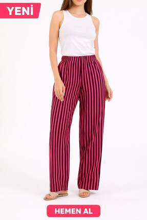 Karmashop Elegant Stripe Palazzo Pantolon – Siyah/Pembe-XL