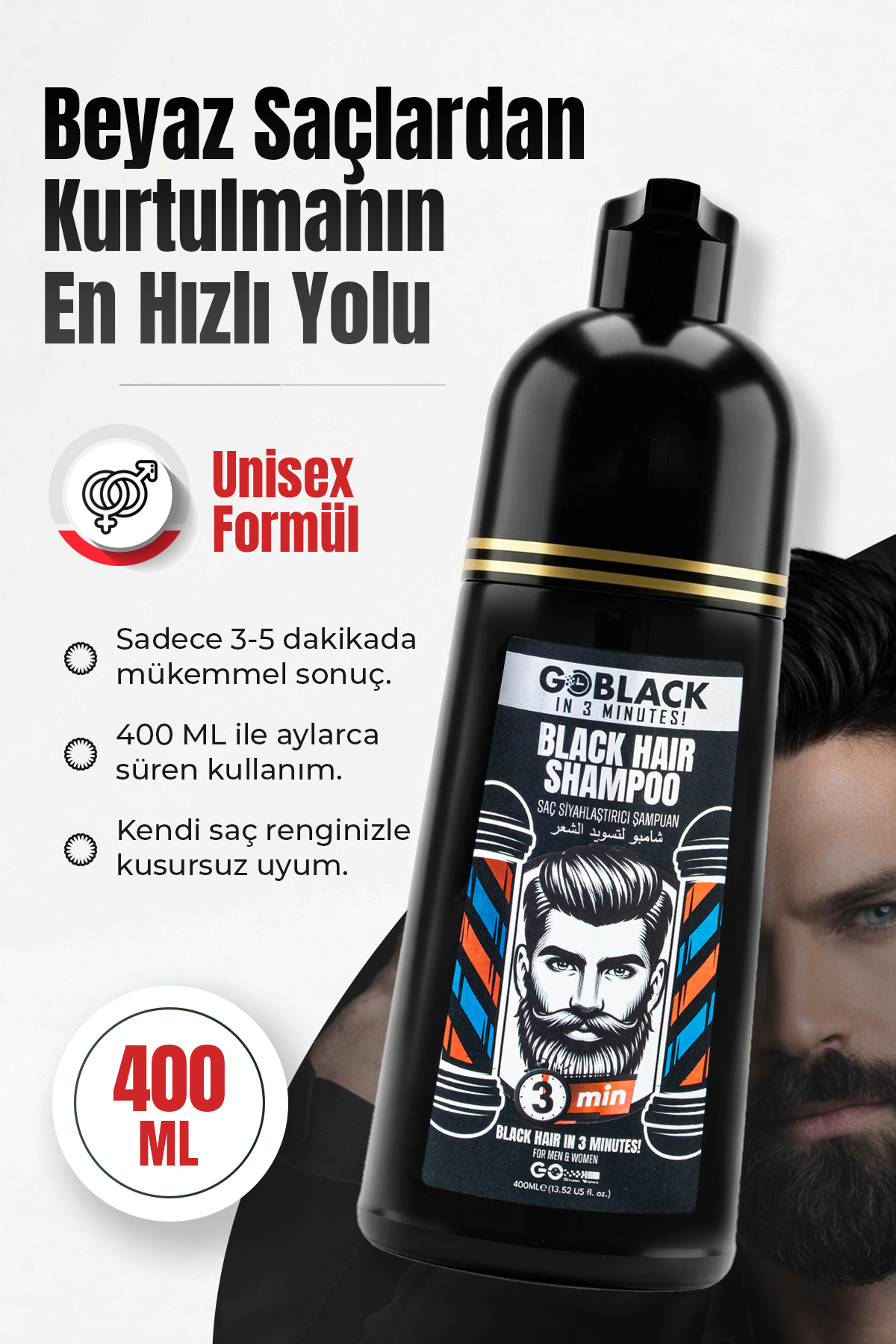 Saç Siyahlaştırıcı Beyaz Kapatıcı Siyah Şampuan 3 Dakikada Etkili Saç Sakal Şampuanı 400ml. — Goblack4 — تصویر 2 از 7