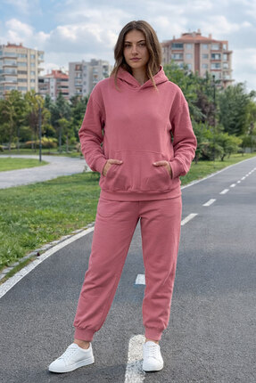 evavi Kadın Baskısız Kapüşonlu Kanguru Cepli Gül Kurusu Eşofman Takımı