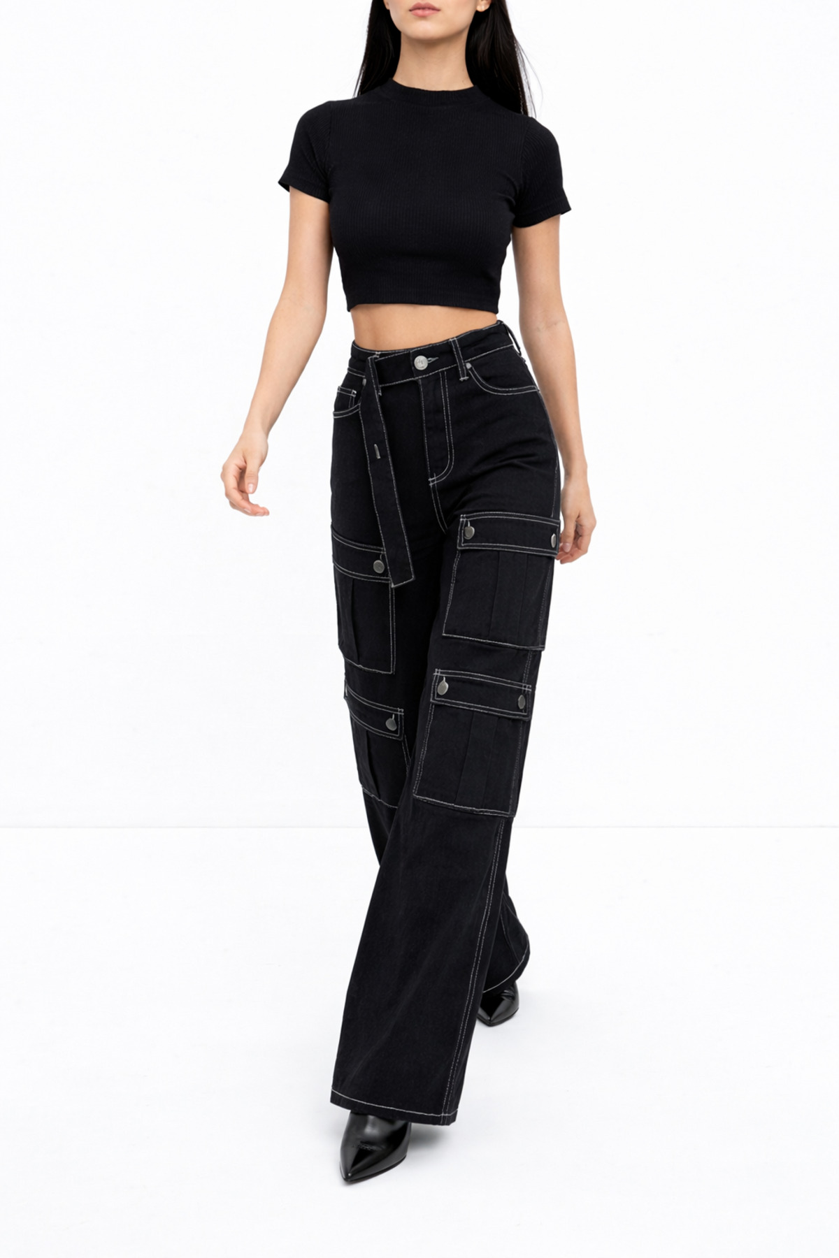 Lighter Jeans  Kadın Siyah Yüksek Bel Wide Leg Palazzo Pantolon Kargo Cepli Bol Paça Kontrast Dikişli Trend Jean - Görsel 4