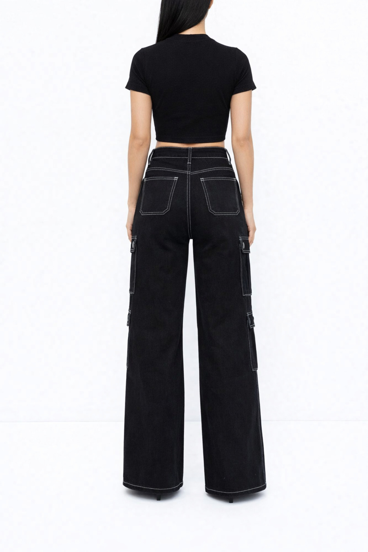 Lighter Jeans  Kadın Siyah Yüksek Bel Wide Leg Palazzo Pantolon Kargo Cepli Bol Paça Kontrast Dikişli Trend Jean - Görsel 3