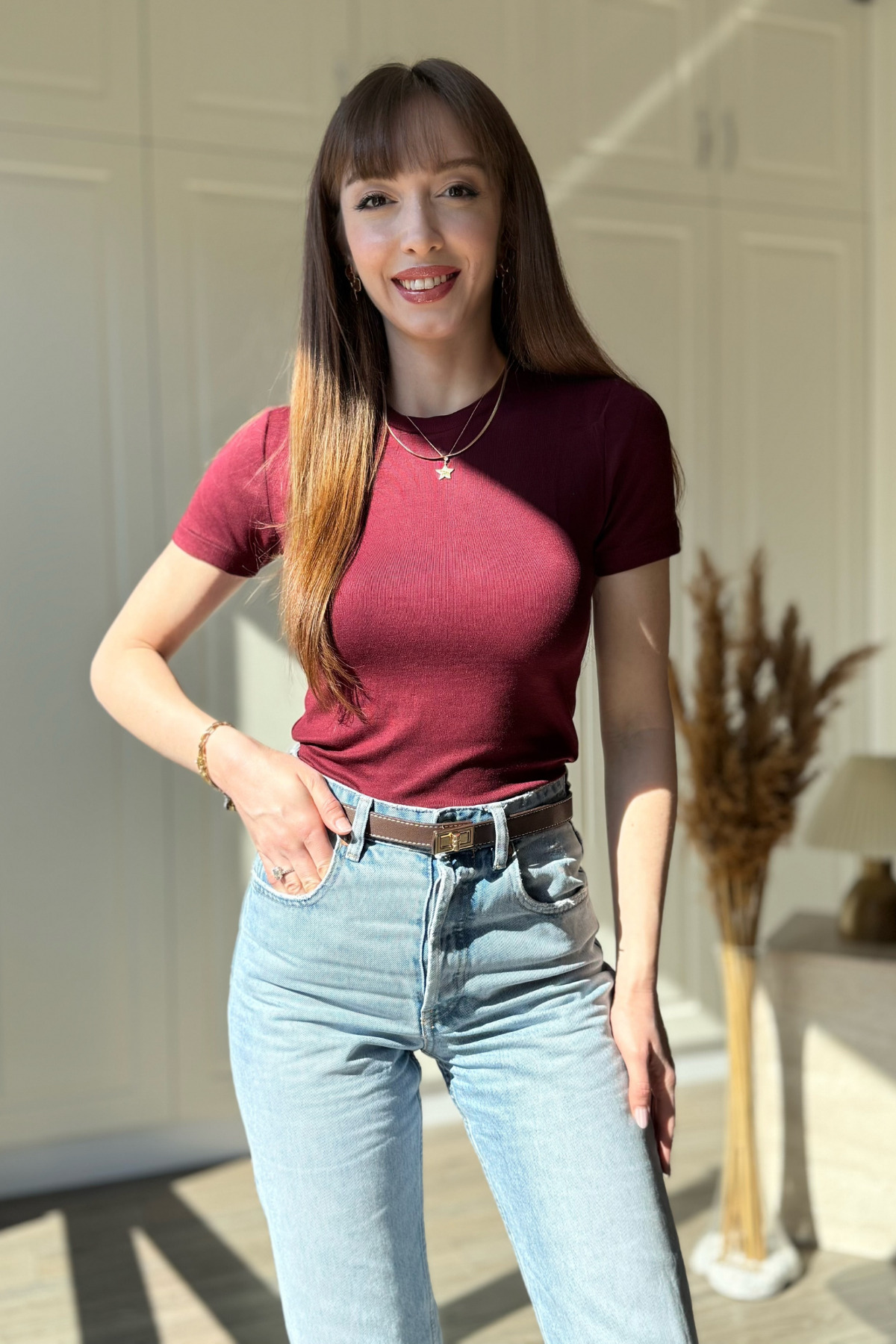 Buzzy Fabric Short Sleeve Soft Claret Red Bodysuit