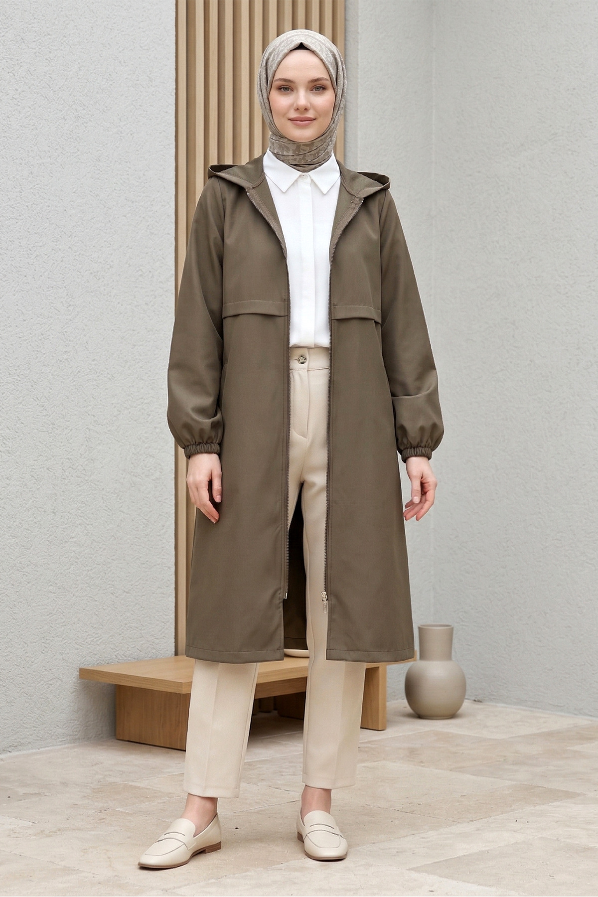 Long Zippered Hooded Raincoat - Brown