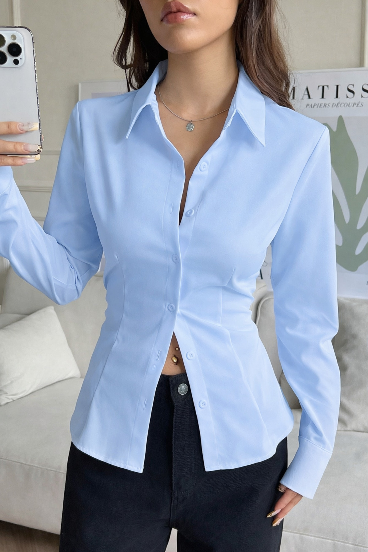 COOL TARZ  Kadın Şık Bel Oturtmalı ve Bağcık Detaylı Slim Fit Gömlek - Görsel 4