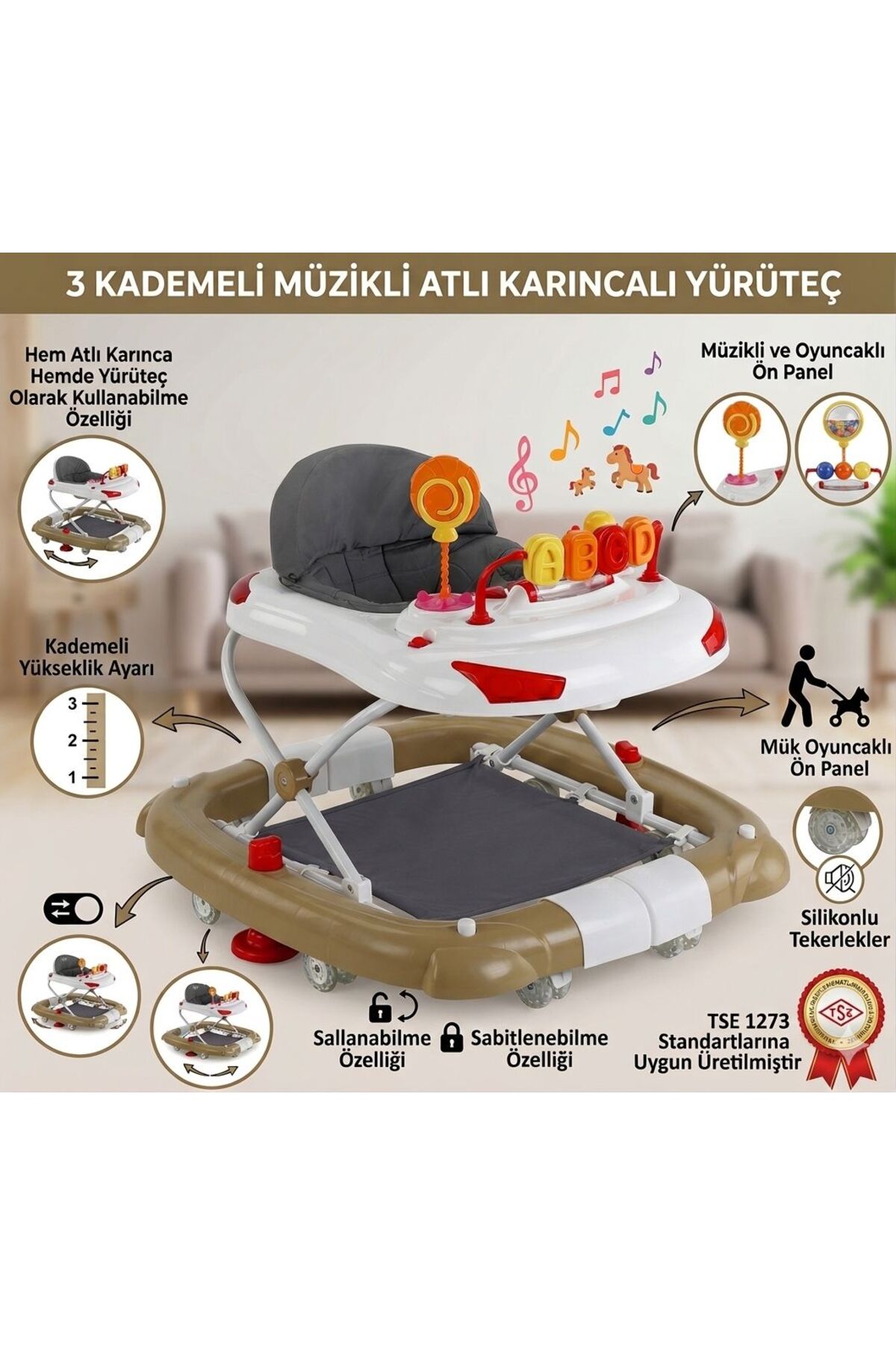 ÖYKÜ BEBEK DUNYASI 3 Kademeli Atlı Karıncalı Müzikli Oyuuncaklı Yürüteç fotoğrafı 2 (önizleme)