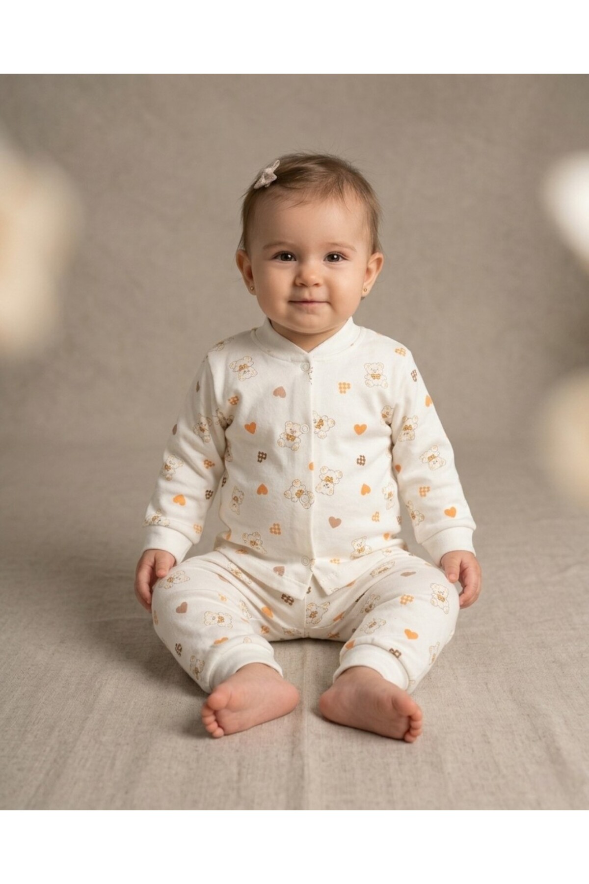 Egelite Kız Bebek Kalp ve Ayıcık Baskılı Çıtçıtlı Mevsimlik %100 Pamuk Gecelik Alt Üst Pijama Takımı fotoğrafı 3 (önizleme)