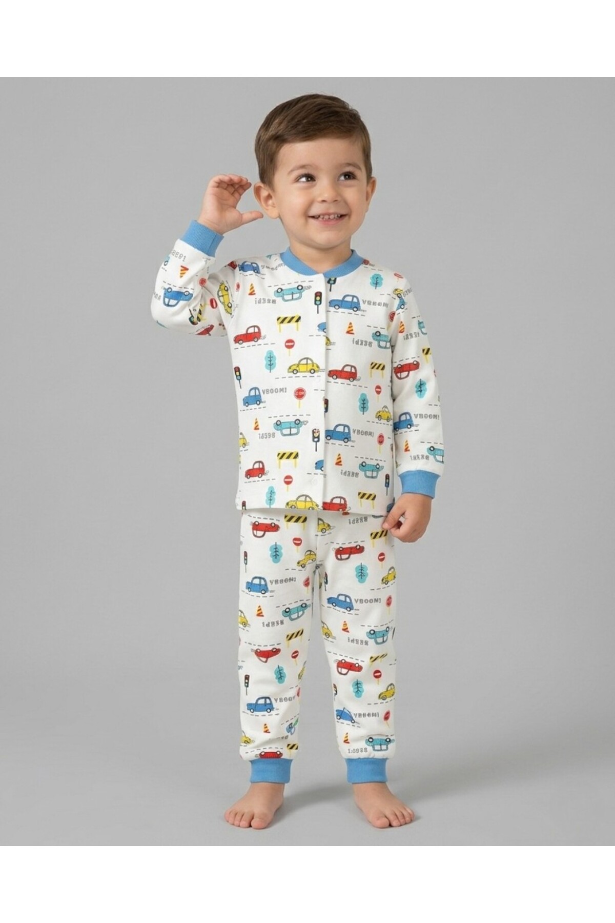 Egelite Erkek Çocuk Çıtçıtlı Araba Baskılı 0-6 Yaş %100 Pamuklu Mevsimlik Gecelik Pijama Takımı fotoğrafı 2 (önizleme)