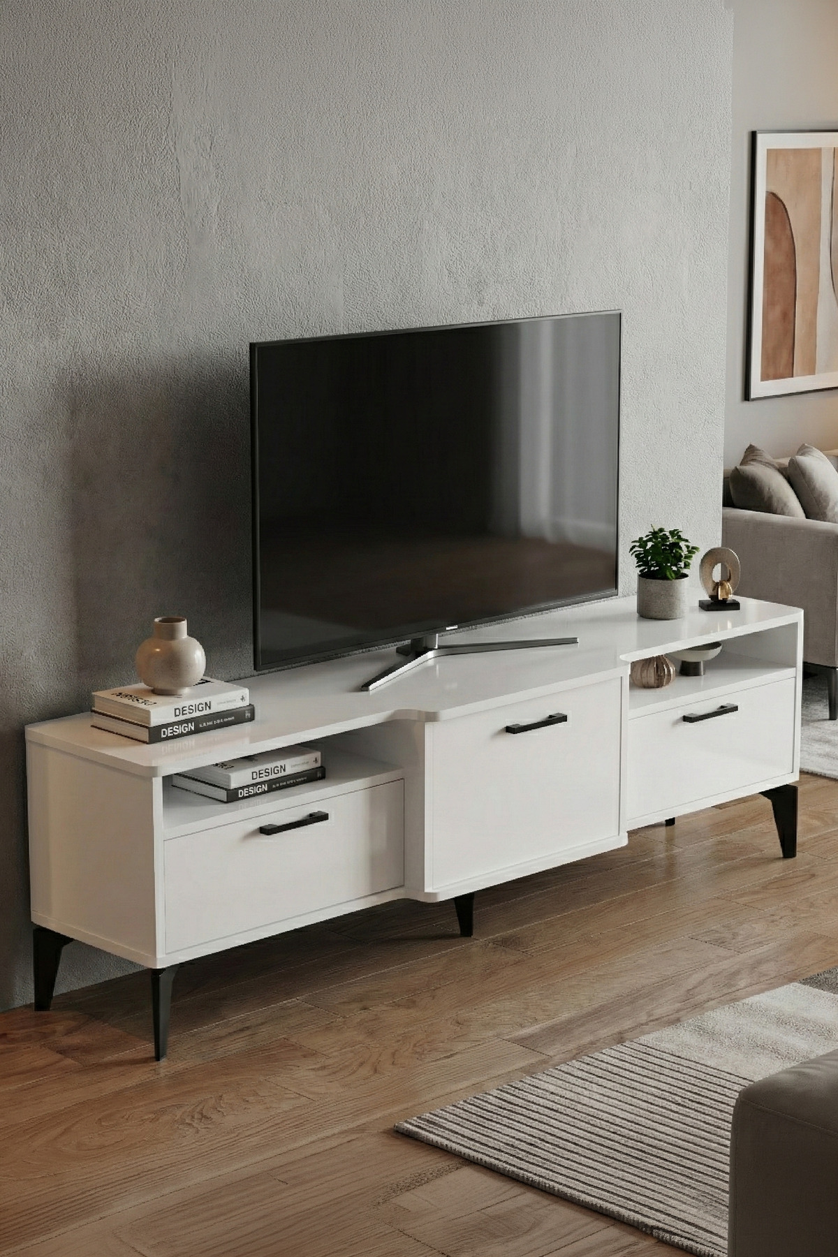 Goldfalez Mistral TV Sehpası Metalik Beyaz 160x40 cm görsel 5