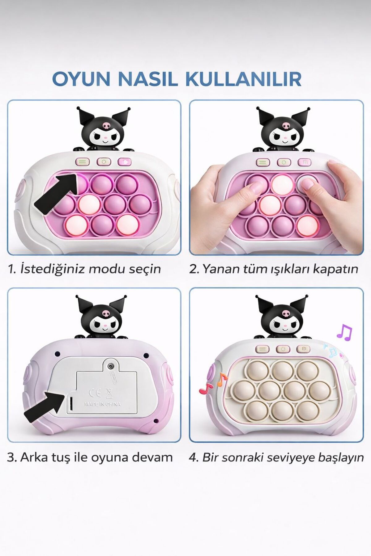 ZİVENTA Kuromi Popit Işıklı Refleks/Hafıza 4 Modlu Speed Push Bubble Oyunu Çocuklar İçin Eğitici Zeka Oyunu fotoğrafı 4 (önizleme)