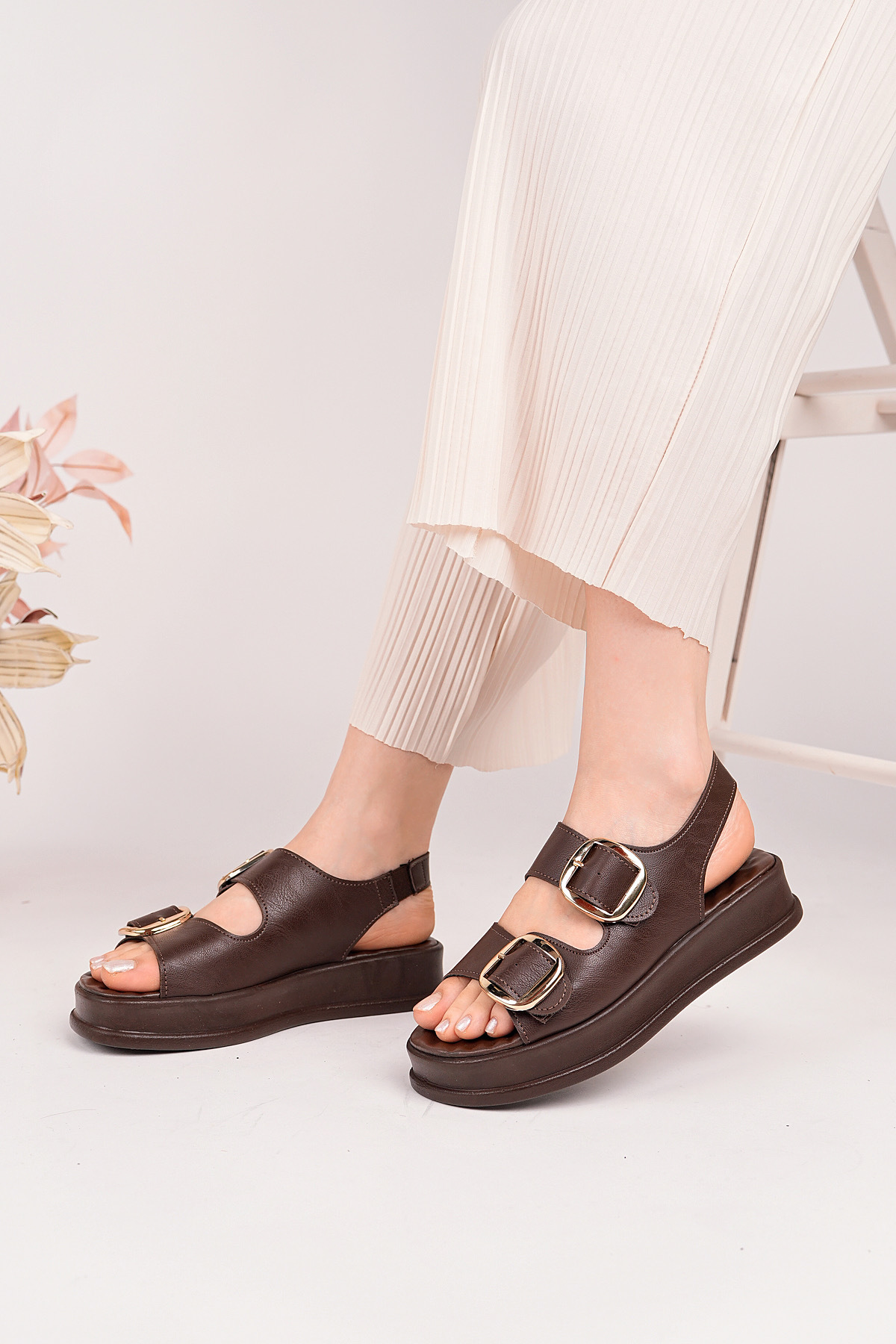 Women's Bitter Coffee Elasticated Double Buckle Sandals
