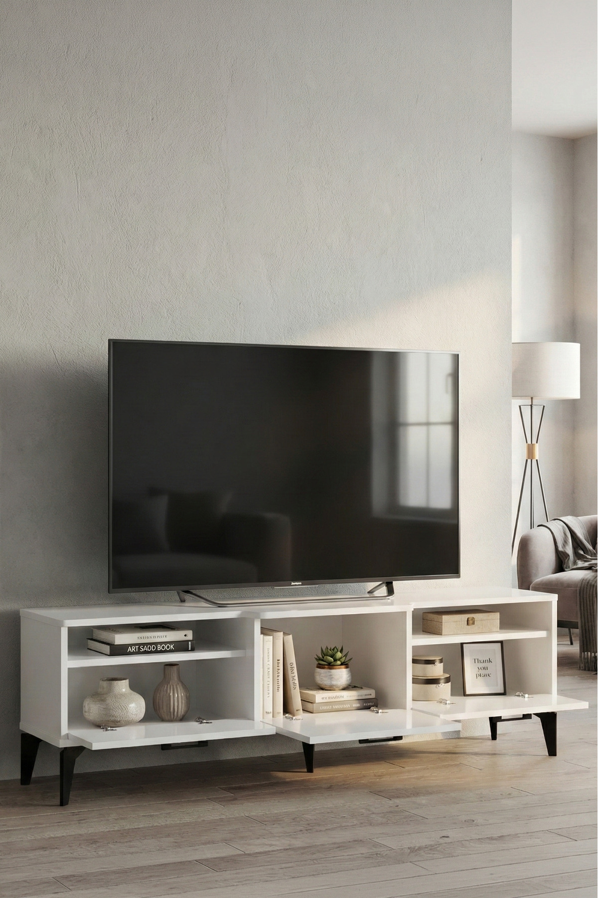 Goldfalez Mistral TV Sehpası Metalik Beyaz 160x40 cm görsel 2