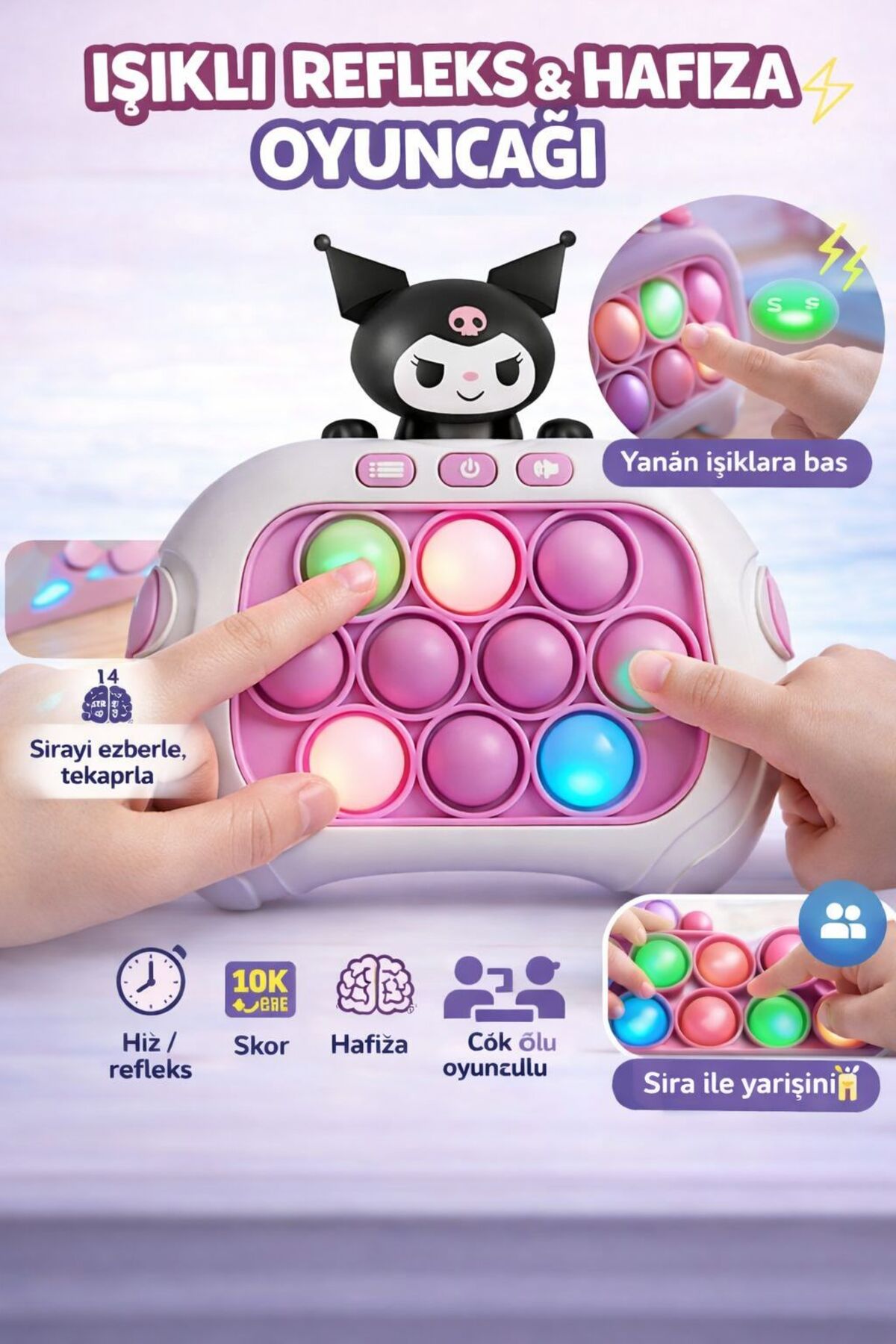 ZİVENTA Kuromi Popit Işıklı Refleks/Hafıza 4 Modlu Speed Push Bubble Oyunu Çocuklar İçin Eğitici Zeka Oyunu fotoğrafı 3 (önizleme)