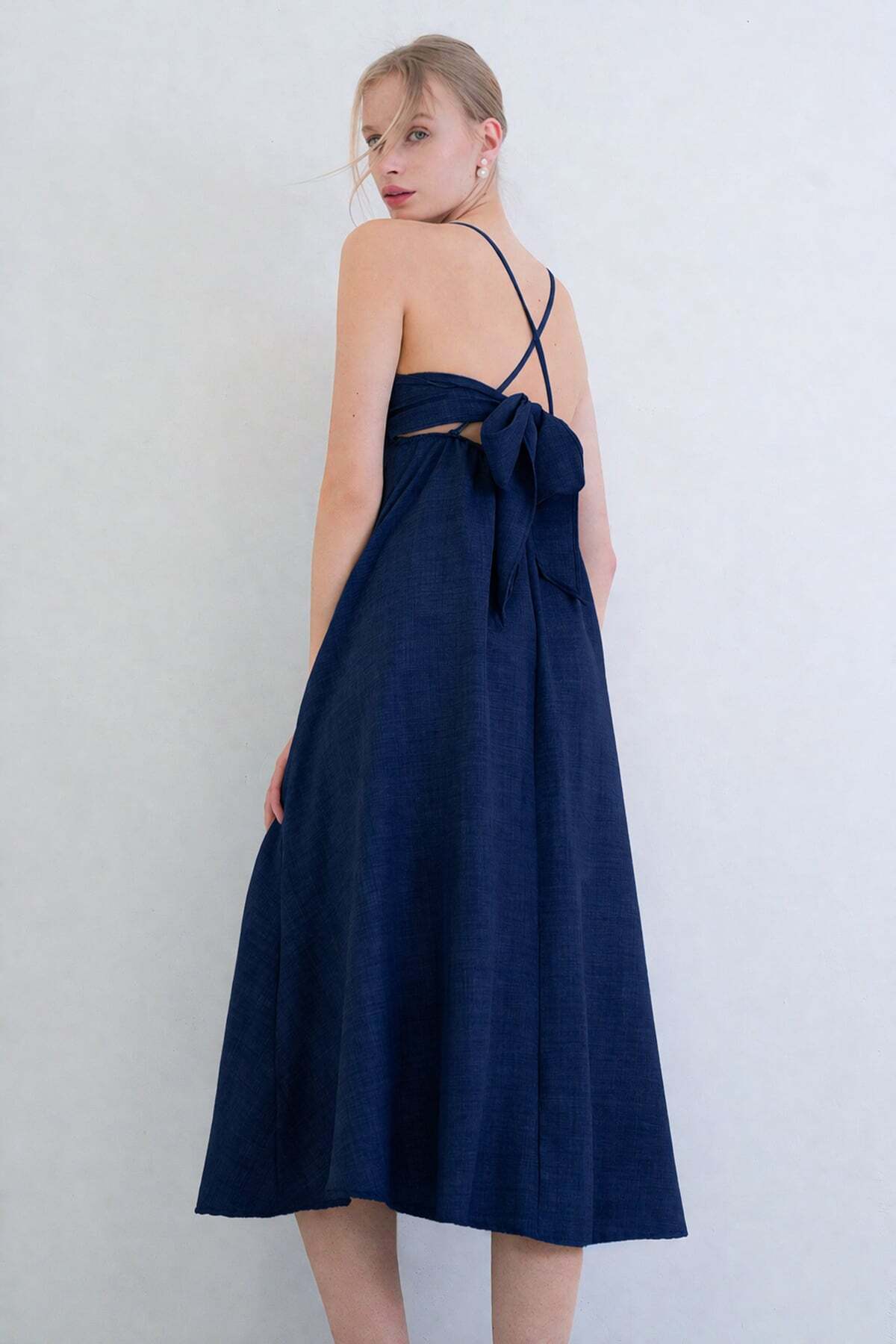 Navy Blue Rope Strapped Back Tied Maxi Size Summer Sofia Linen Dress ALC-X15333
