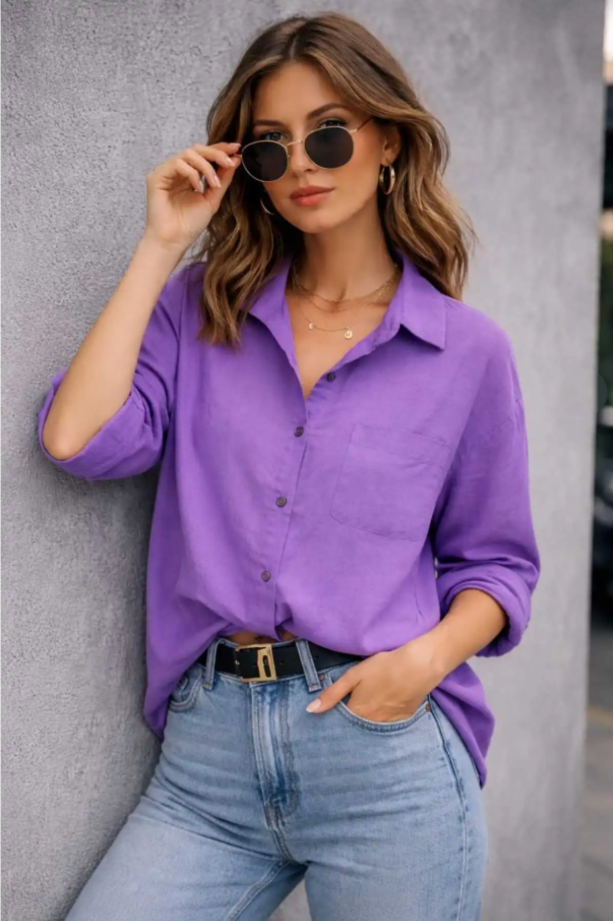 blackbonds Kadın Mor Oversize Pamuklu Rahat Tek Cepli Keten Gömlek, Yeni Yaz Koleksiyonu