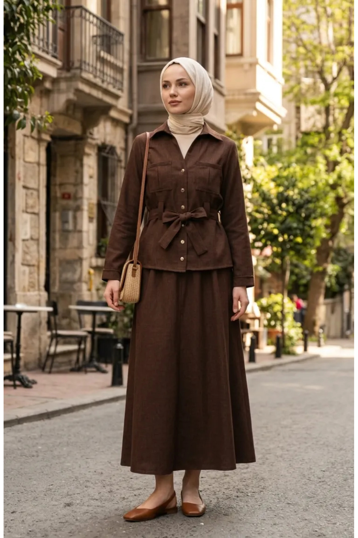 sefamerve Linen Fabric Skirt Jacket Double Set 0256-03 Brown