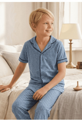 vitmo Erkek Çocuk Kısa Kollu Düğmeli %100 Pamuklu Pijama Takımı Kot Çizgili