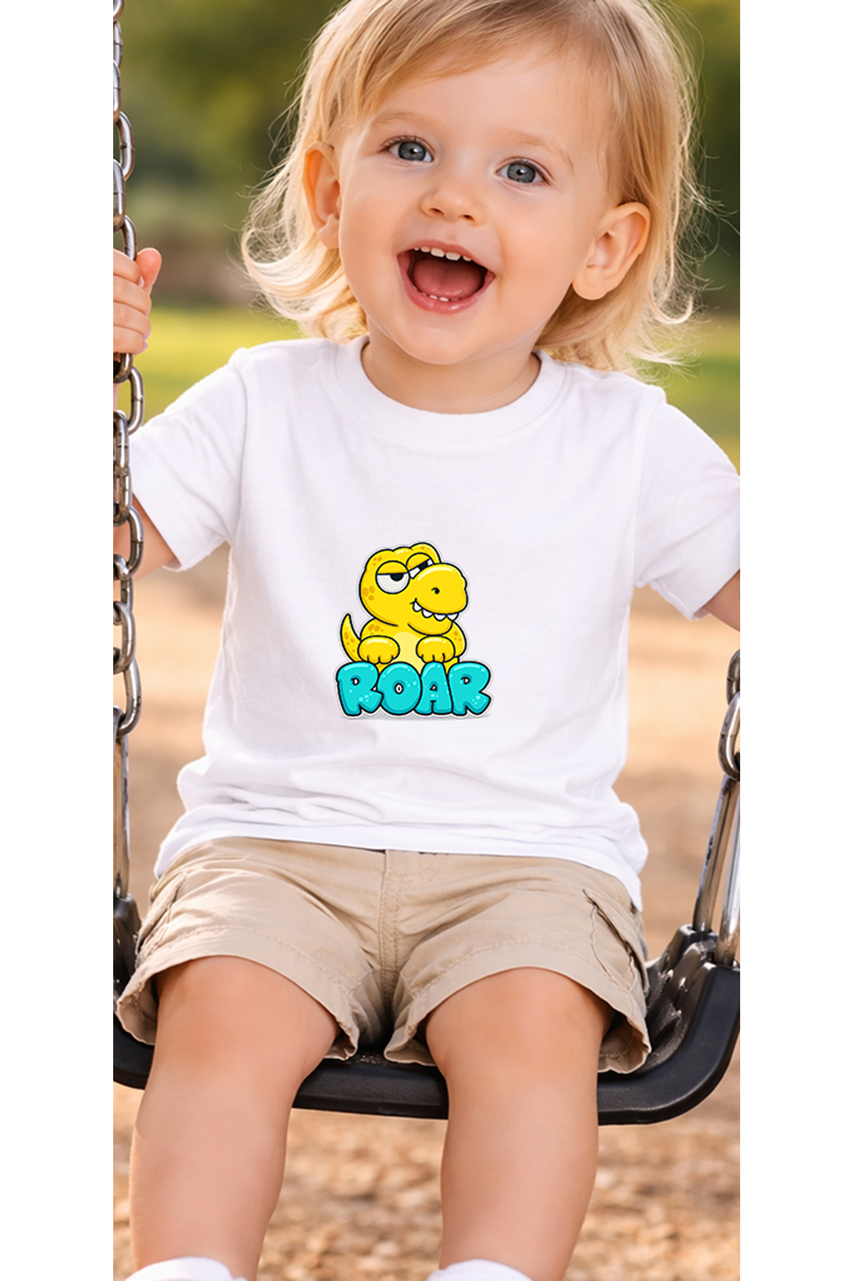 petite pati Beyaz Dinoroar Bebek Tişört %100 Pamuk Penye Çocuk Tshirt Baskılı fotoğrafı 3 (önizleme)