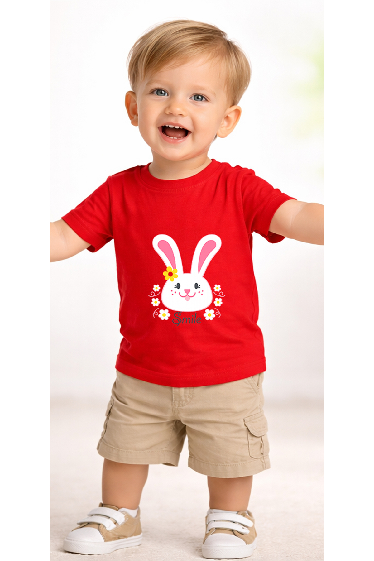 petite pati Kırmızı Smilebunny Bebek Tişört %100 Pamuk Penye Çocuk Tshirt Baskılı fotoğrafı 2 (önizleme)