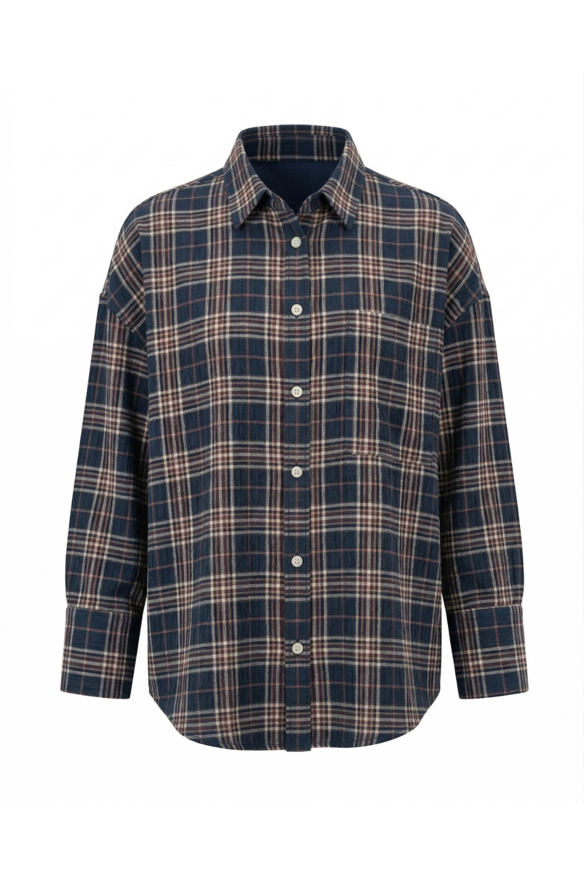 Toum  Lacivert Oversize Ekose Desenli Oversize Gömlek - Görsel 4