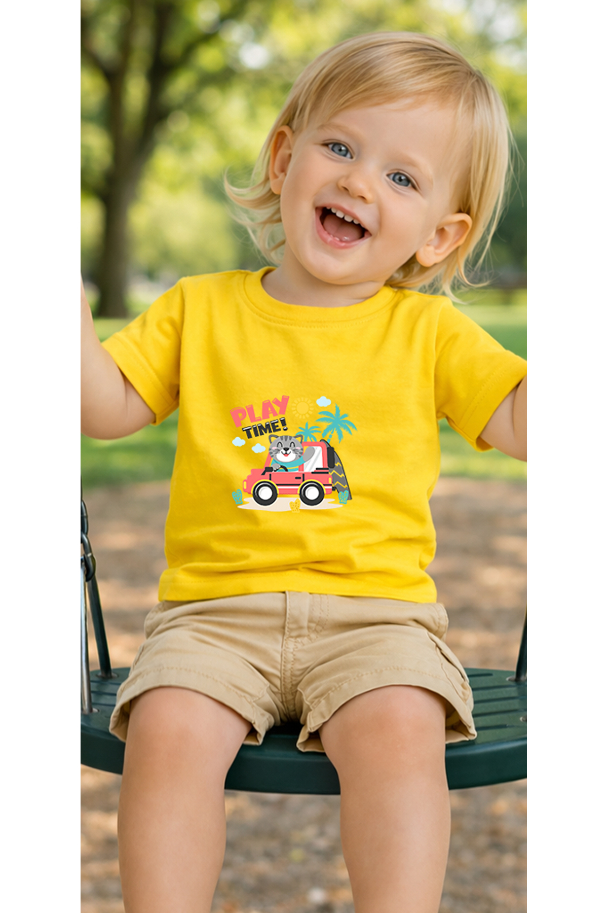 petite pati Sarı Playtimecat Bebek Tişört %100 Pamuk Penye Çocuk Tshirt Baskılı fotoğrafı 3 (önizleme)