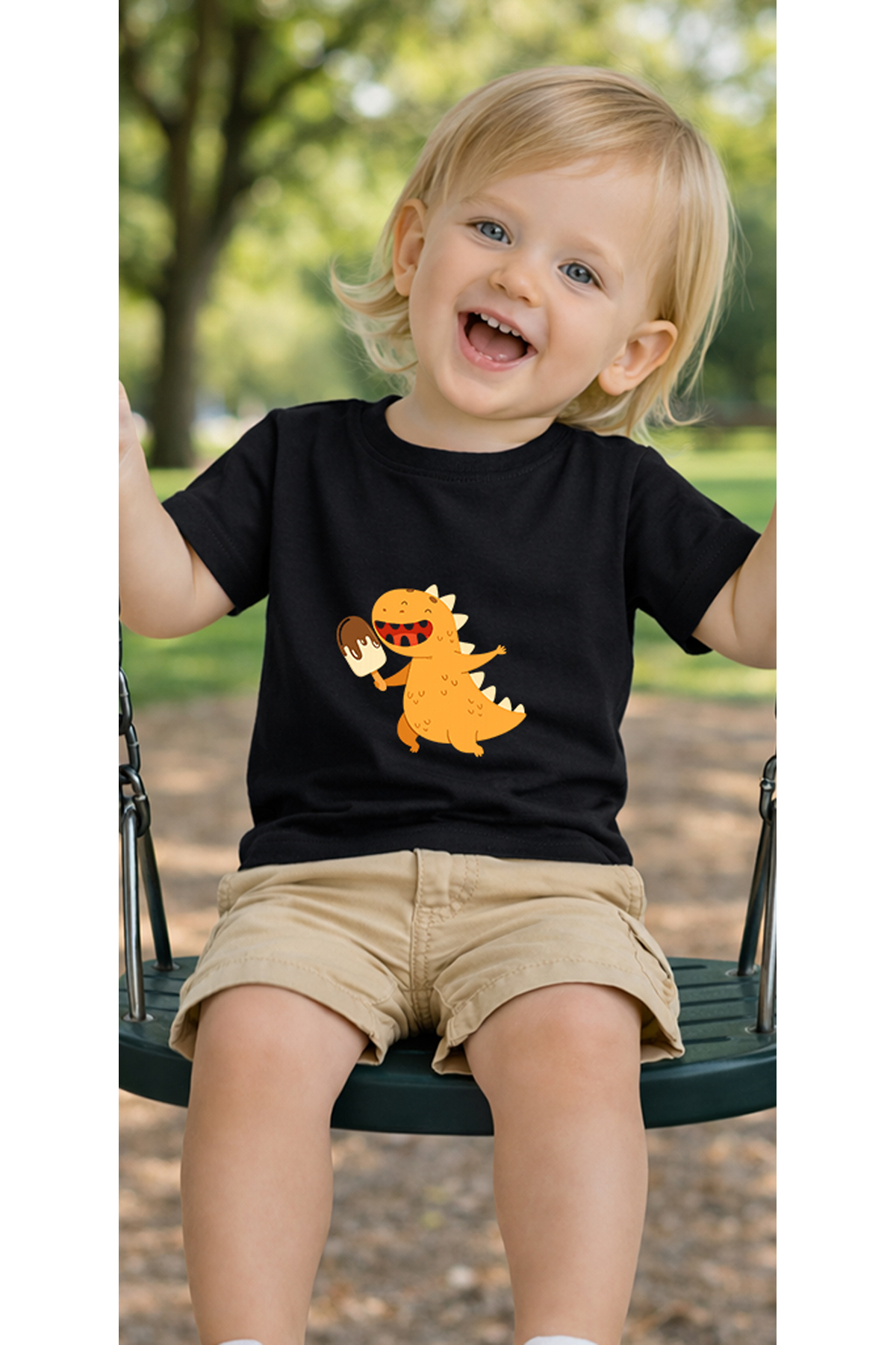 petite pati Siyah Icecreamdino2 Bebek Tişört %100 Pamuk Penye Çocuk Tshirt Baskılı fotoğrafı 3 (önizleme)