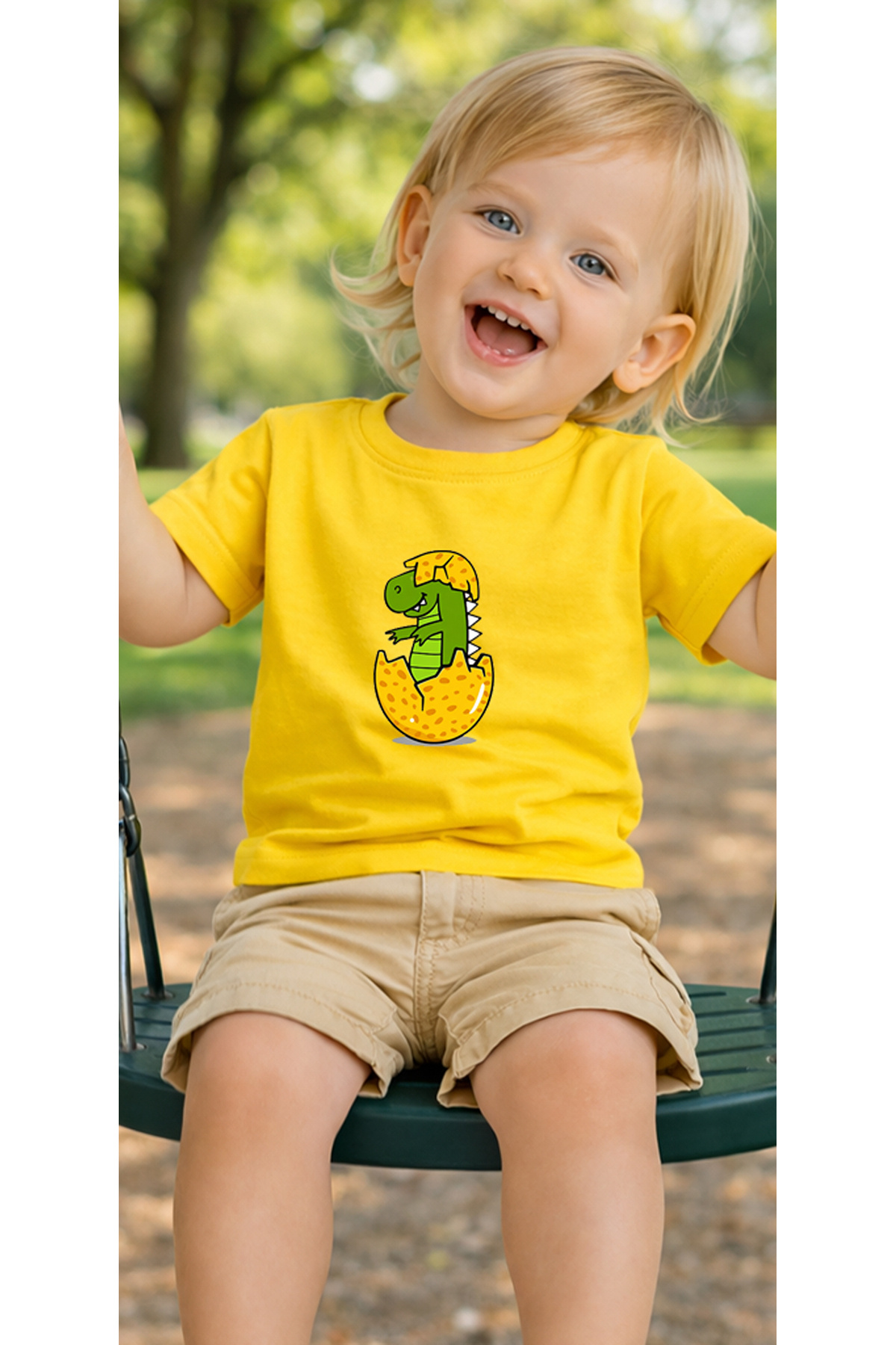 petite pati Sarı Dinoegg Bebek Tişört %100 Pamuk Penye Çocuk Tshirt Baskılı fotoğrafı 3 (önizleme)