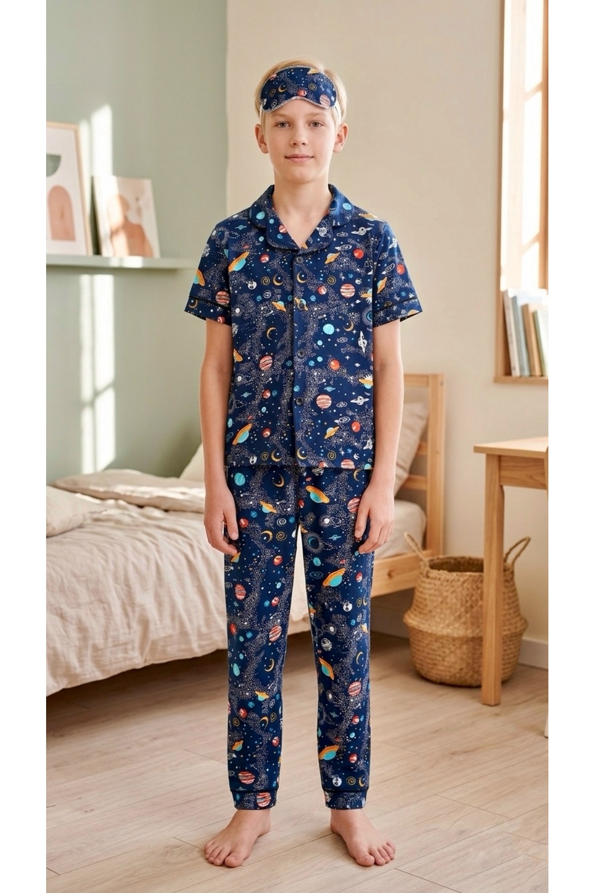 Enie Erkek Çocuk Pamuklu Uzay Desenli Yazlık Göz Bantlı Pijama Takımı fotoğrafı 3 (önizleme)