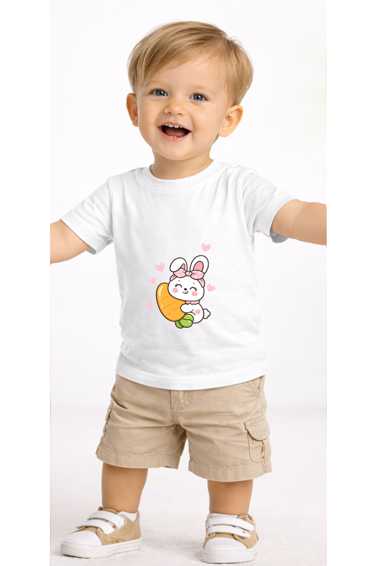 petite pati Beyaz Happybunny Bebek Tişört %100 Pamuk Penye Çocuk Tshirt Baskılı fotoğrafı 2 (önizleme)