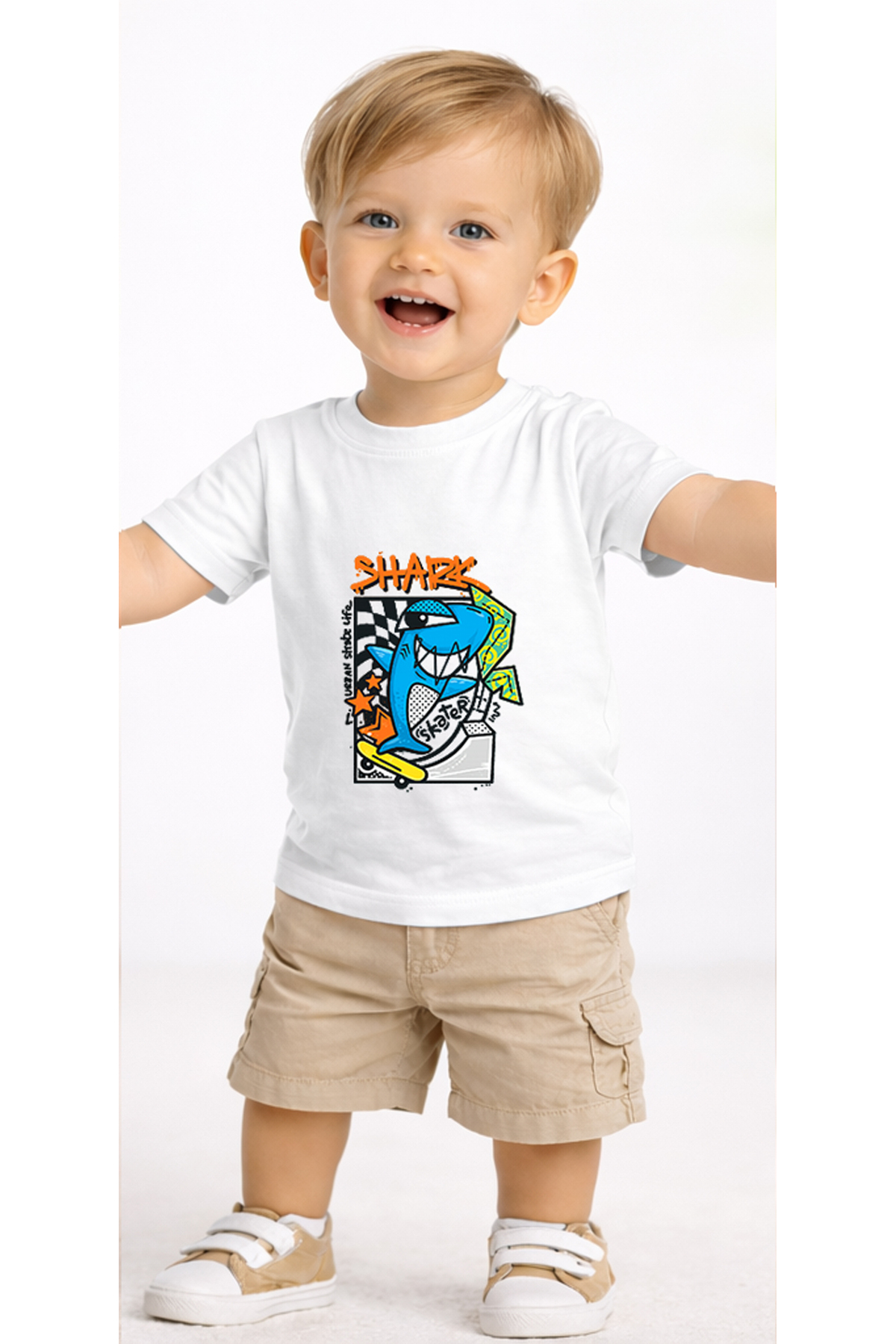 petite pati Beyaz Sharkskate Bebek Tişört %100 Pamuk Penye Çocuk Tshirt Baskılı fotoğrafı 2 (önizleme)
