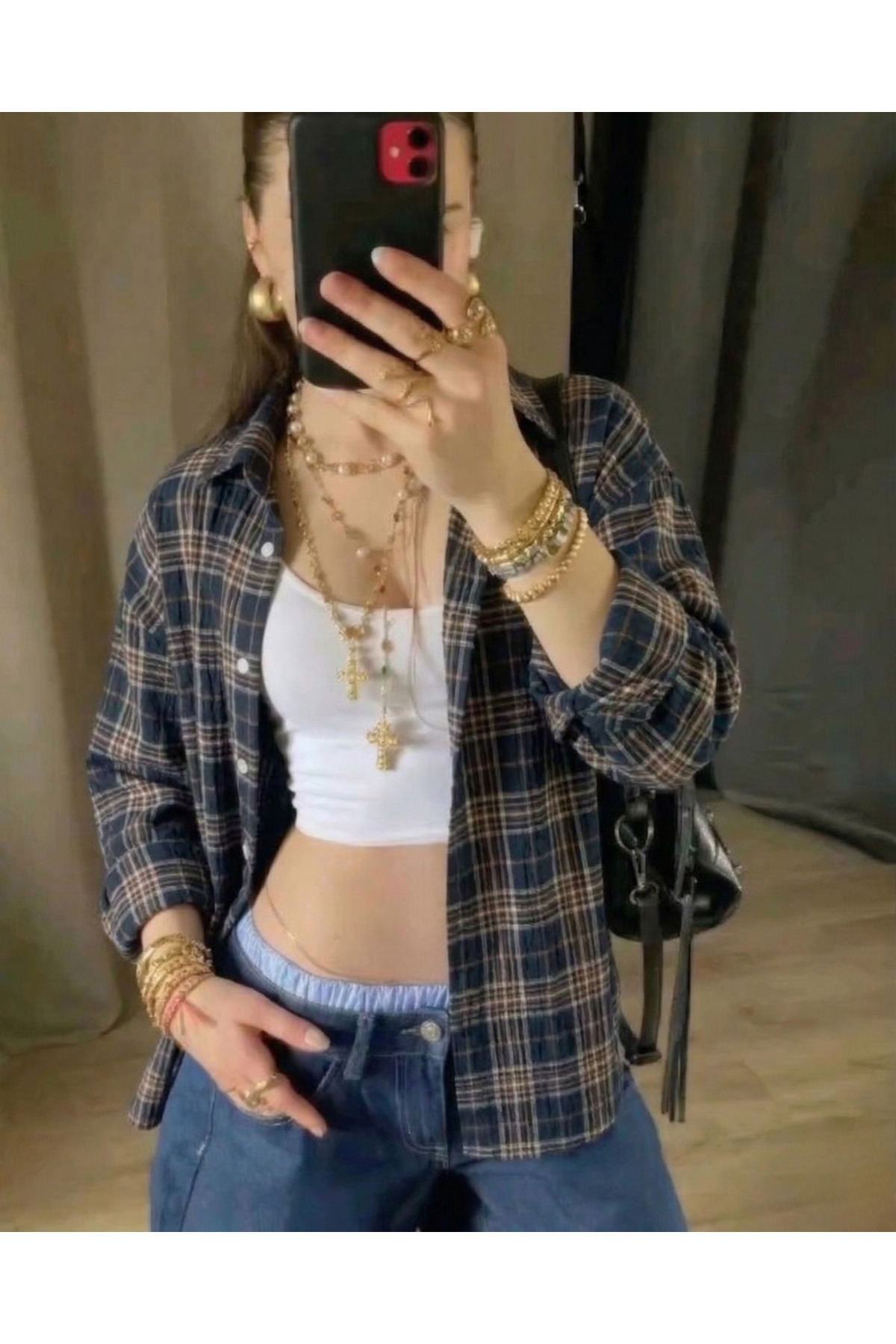 Toum  Lacivert Oversize Ekose Desenli Oversize Gömlek