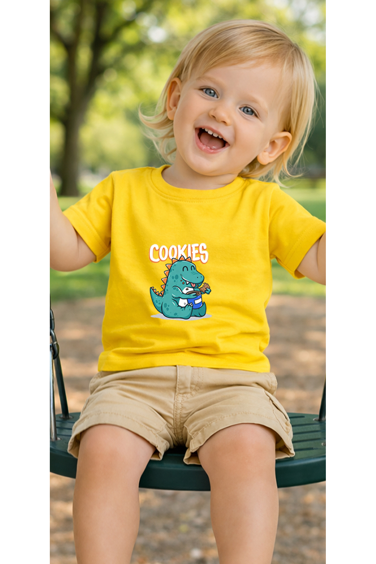 petite pati Sarı Cookiedino Bebek Tişört %100 Pamuk Penye Çocuk Tshirt Baskılı fotoğrafı 3 (önizleme)