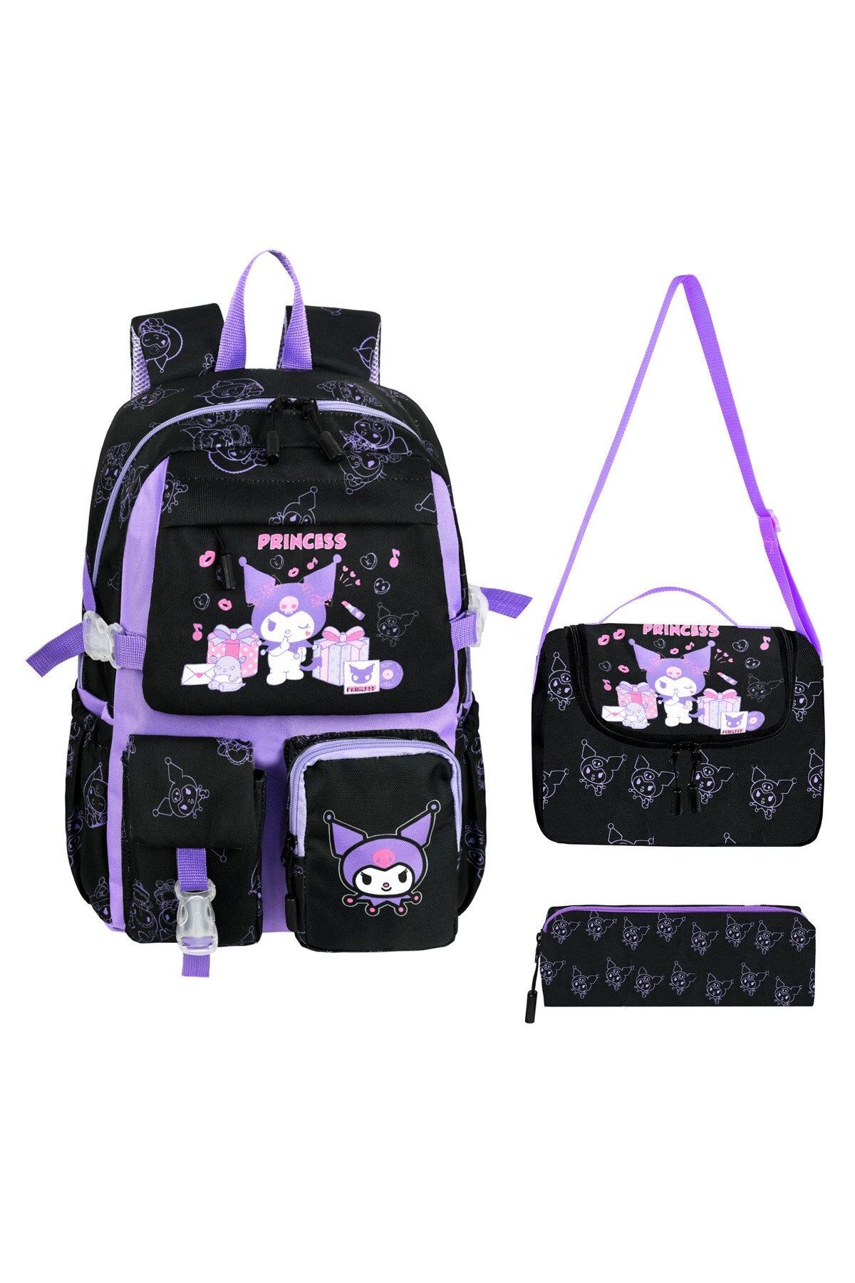 Korean Style Kuromi Themed Girls Primary School Backpack,Thermal Feeding Bag and Pen Holder