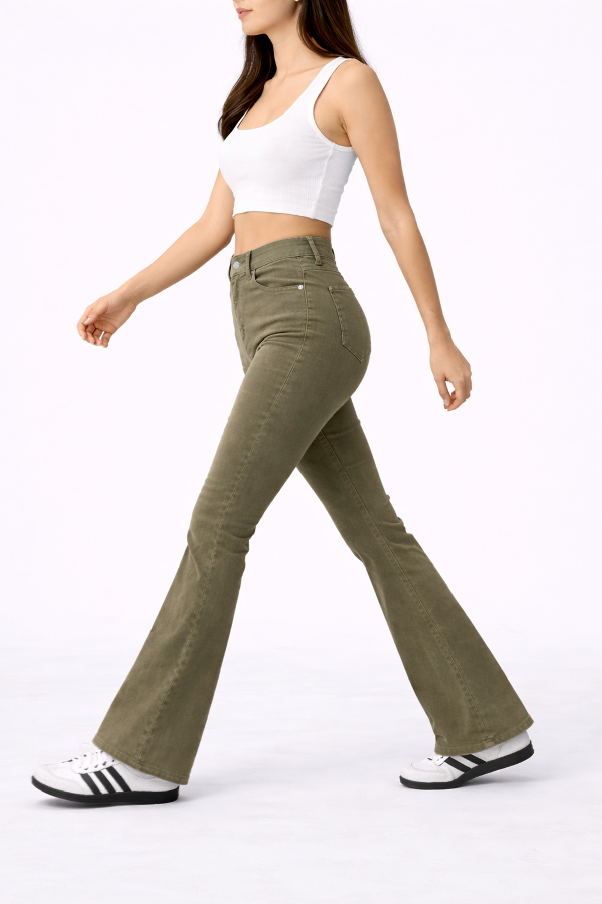 Lighter Jeans  Kadın Haki Yüksek Bel İspanyol Paça Flare Pantolon – Likralı Esnek, Toparlayıcı, Uzun Trend Jean - Görsel 6