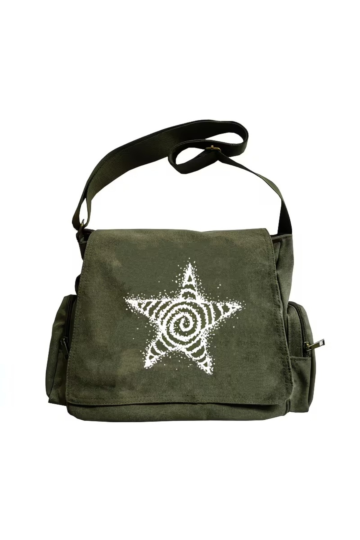 Toum Vintage Star Baskılı Unisex Haki Postacı Çantası