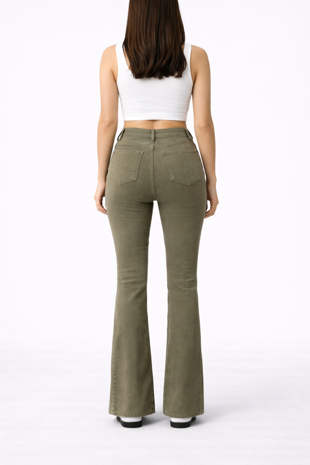 Lighter Jeans  Kadın Haki Yüksek Bel İspanyol Paça Flare Pantolon – Likralı Esnek, Toparlayıcı, Uzun Trend Jean - Görsel 3