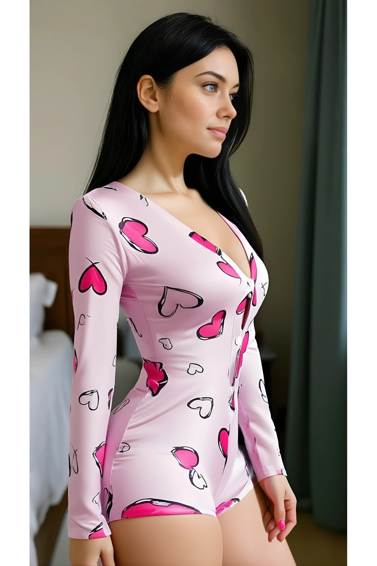 pilelistore Luna Lora Pink Heart Dream Pamuklu Pembe Kalp Desenli Düğmeli Uzun Kol Tulum Pijama fotoğrafı 2 (önizleme)