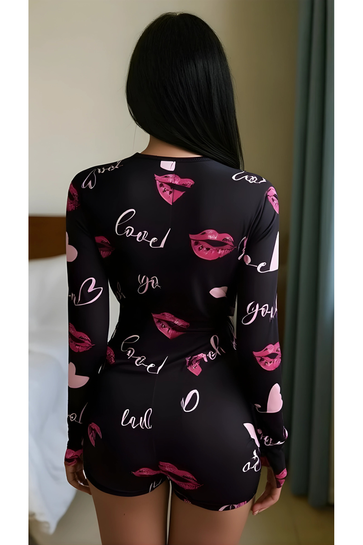pilelistore Luna Lora Kiss Heart Dream Pamuklu Kırmızı Öpücük ve Kalp Desenli Düğmeli Uzun Kol Tulum Pijama fotoğrafı 3 (önizleme)