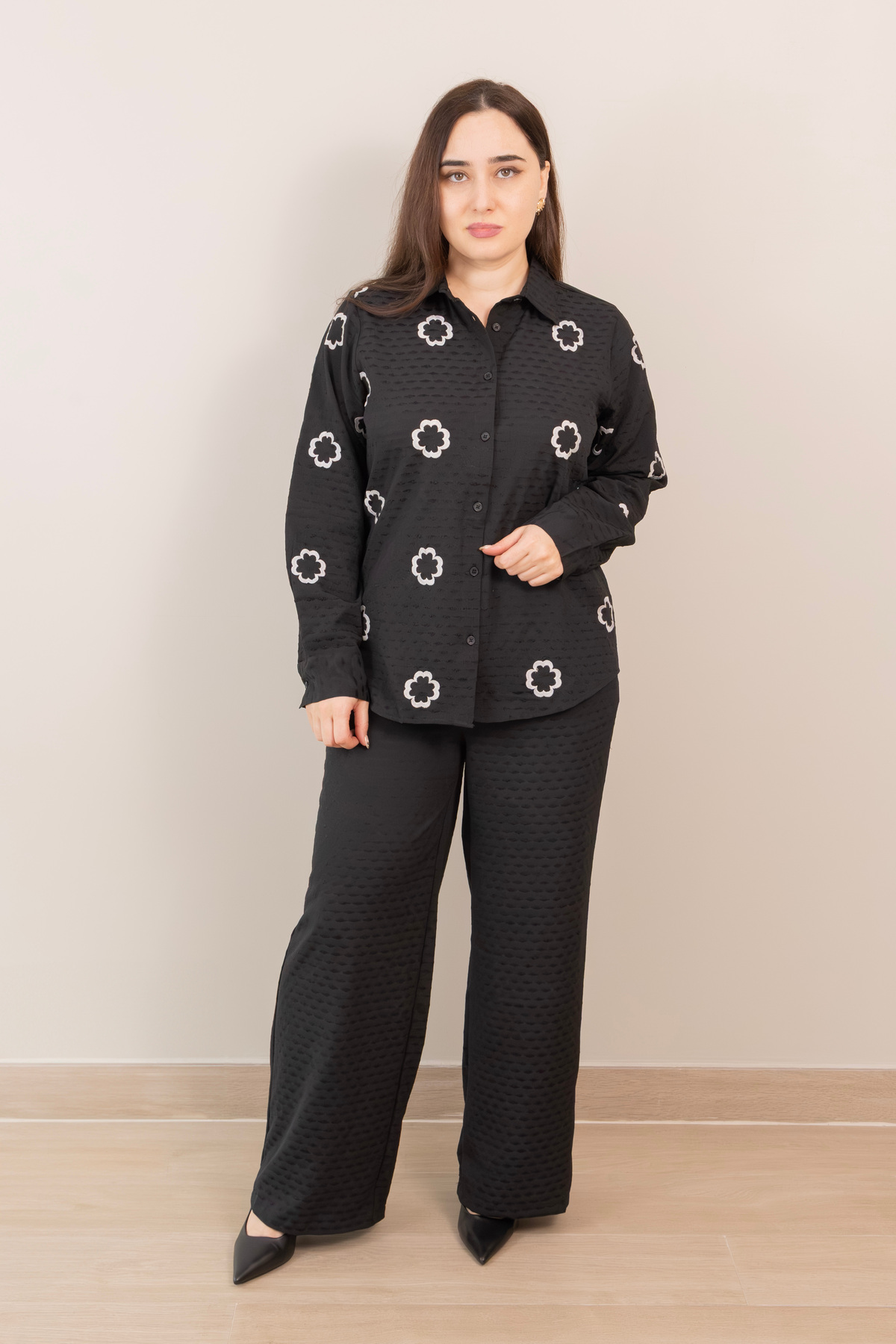LINELLE Black Textured Floral Motif Co-Ord Set