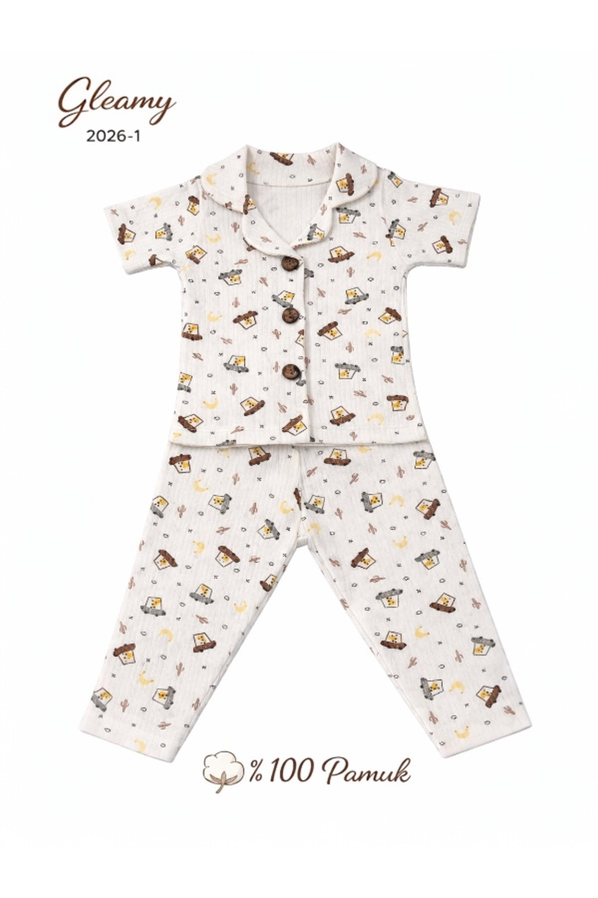 Gleamy %100 Pamuk Bebek Pijama Takımı 1-4 Yaş Yazlık Terletmez Yumuşacık Düğmeli Şık Takım fotoğrafı 4 (önizleme)