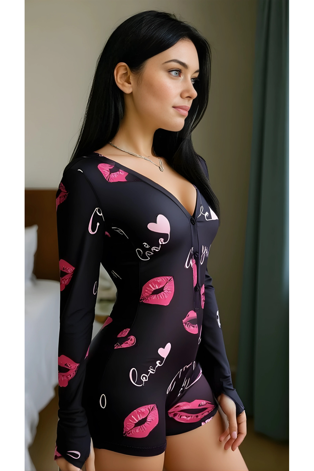 pilelistore Luna Lora Kiss Heart Dream Pamuklu Kırmızı Öpücük ve Kalp Desenli Düğmeli Uzun Kol Tulum Pijama fotoğrafı 2 (önizleme)