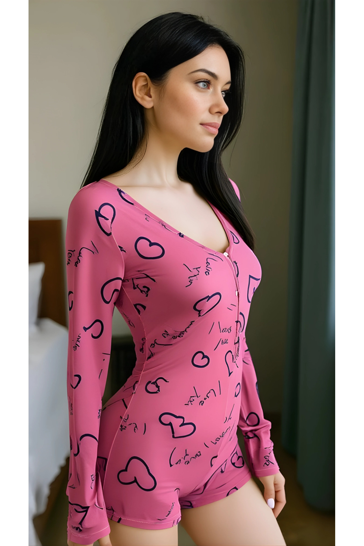 pilelistore Luna Lora Sweet Hearts Pamuklu Pembe Siyah Kalp Desenli Düğmeli Uzun Kol Tulum Pijama fotoğrafı 2 (önizleme)