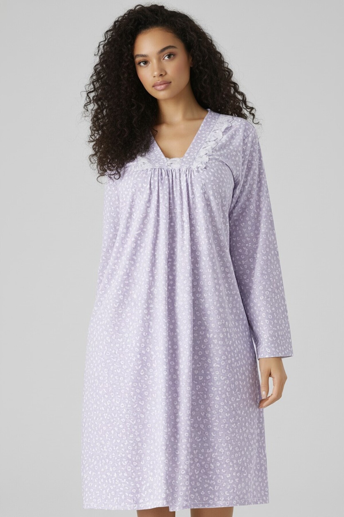 YASAR UNDERWEAR Women's Long Sleeve Lace Detailed Nightgown Relaxed Fit Daily Home Dress