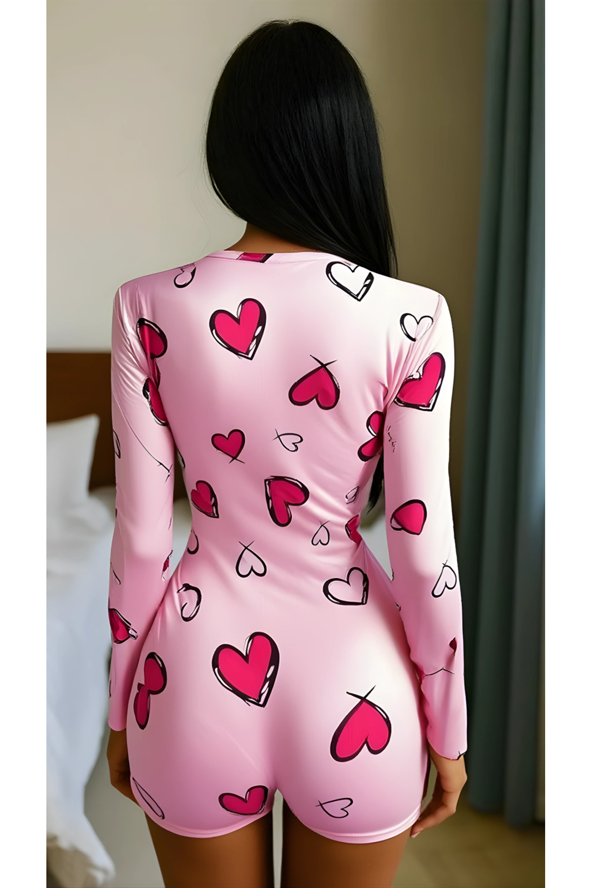 pilelistore Luna Lora Pink Heart Dream Pamuklu Pembe Kalp Desenli Düğmeli Uzun Kol Tulum Pijama fotoğrafı 3 (önizleme)