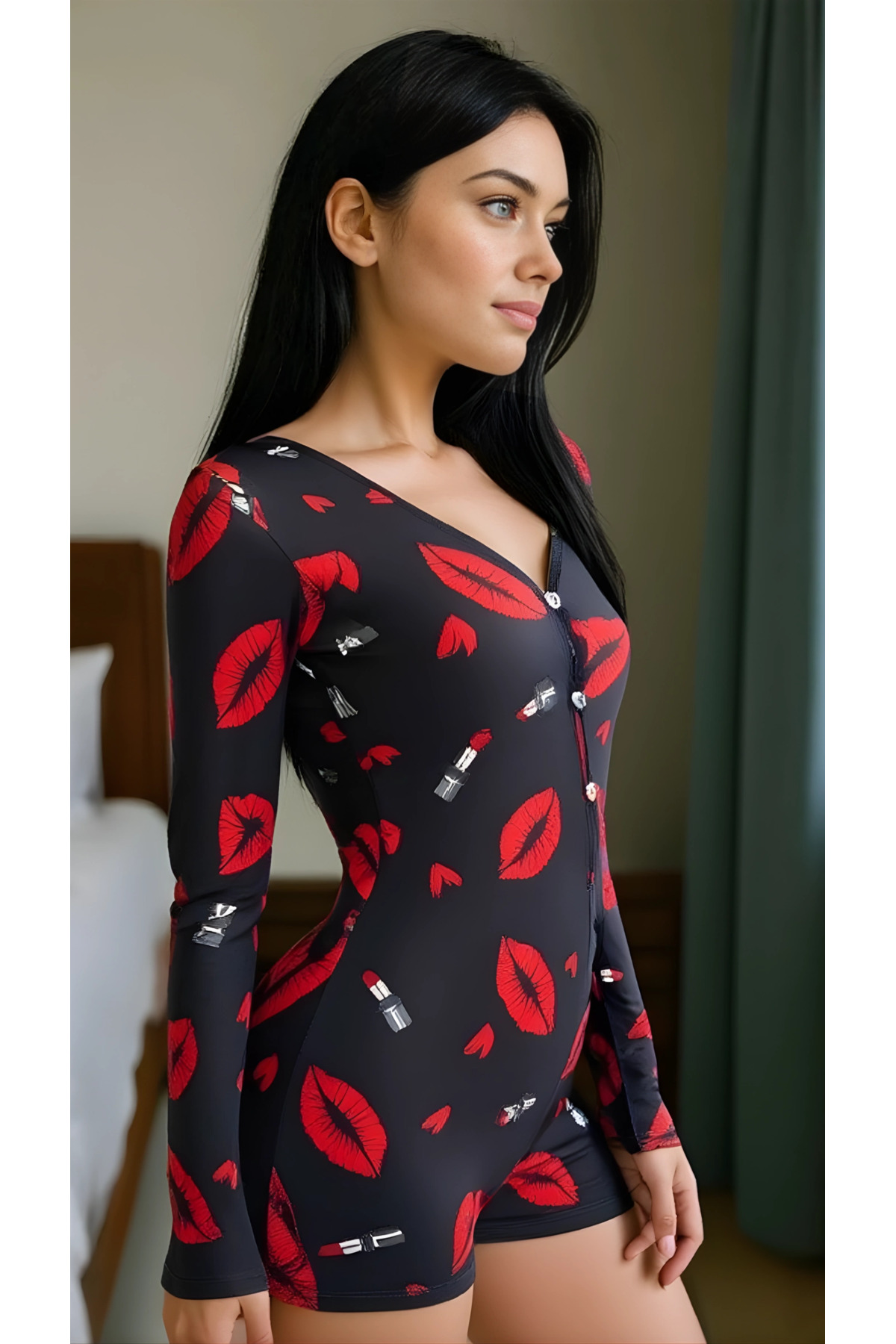 pilelistore Luna Lora Red Kiss Pamuklu Kırmızı Ruj ve Öpücük Desenli Düğmeli Uzun Kol Tulum Pijama fotoğrafı 2 (önizleme)