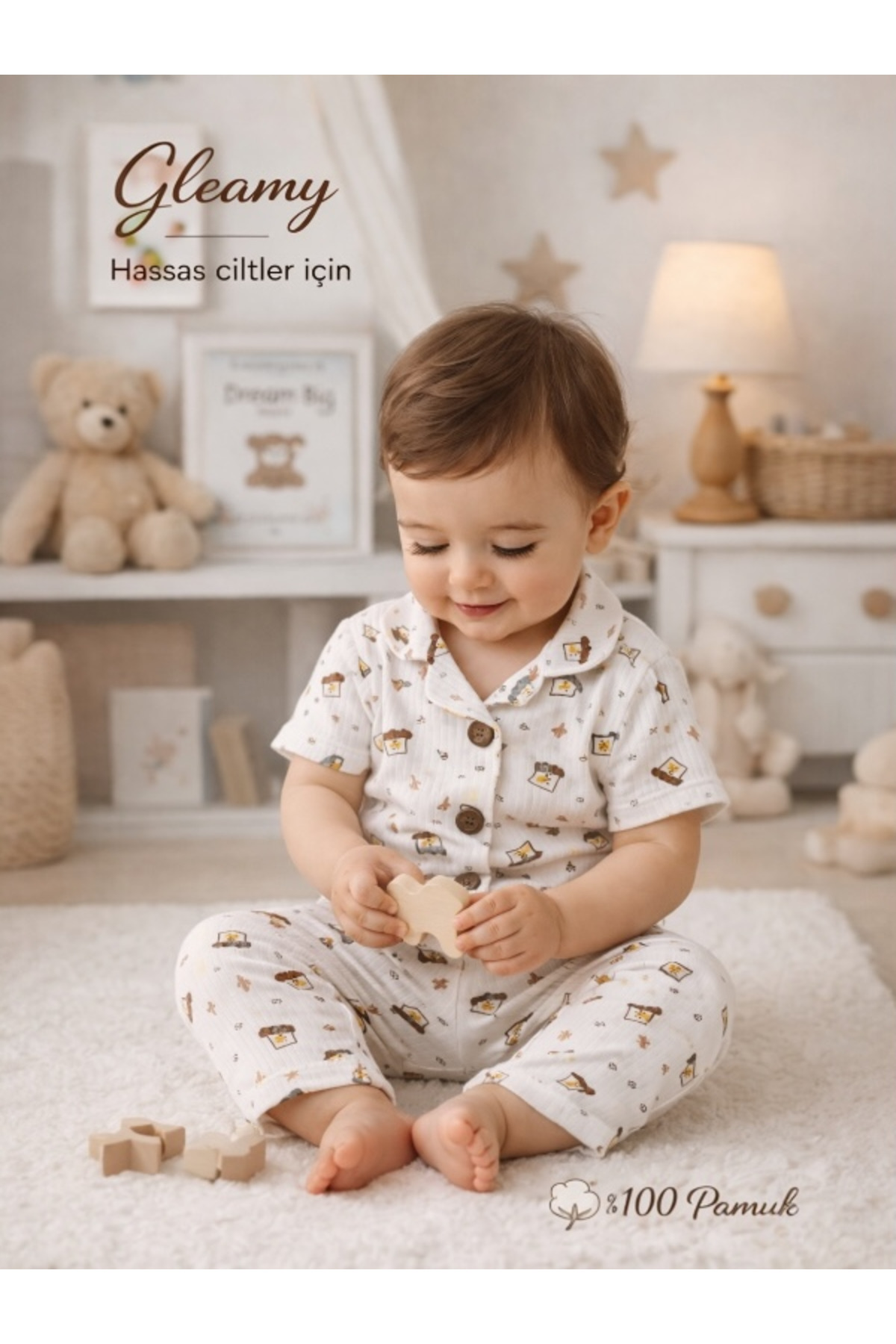 Gleamy %100 Pamuk Bebek Pijama Takımı 1-4 Yaş Yazlık Terletmez Yumuşacık Düğmeli Şık Takım fotoğrafı 2 (önizleme)