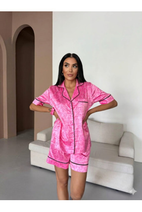 Loraofsilk PEMBE DİJİTAL KALP BASKILI SİYAH BİYELİ PİJAMA TAKIMI