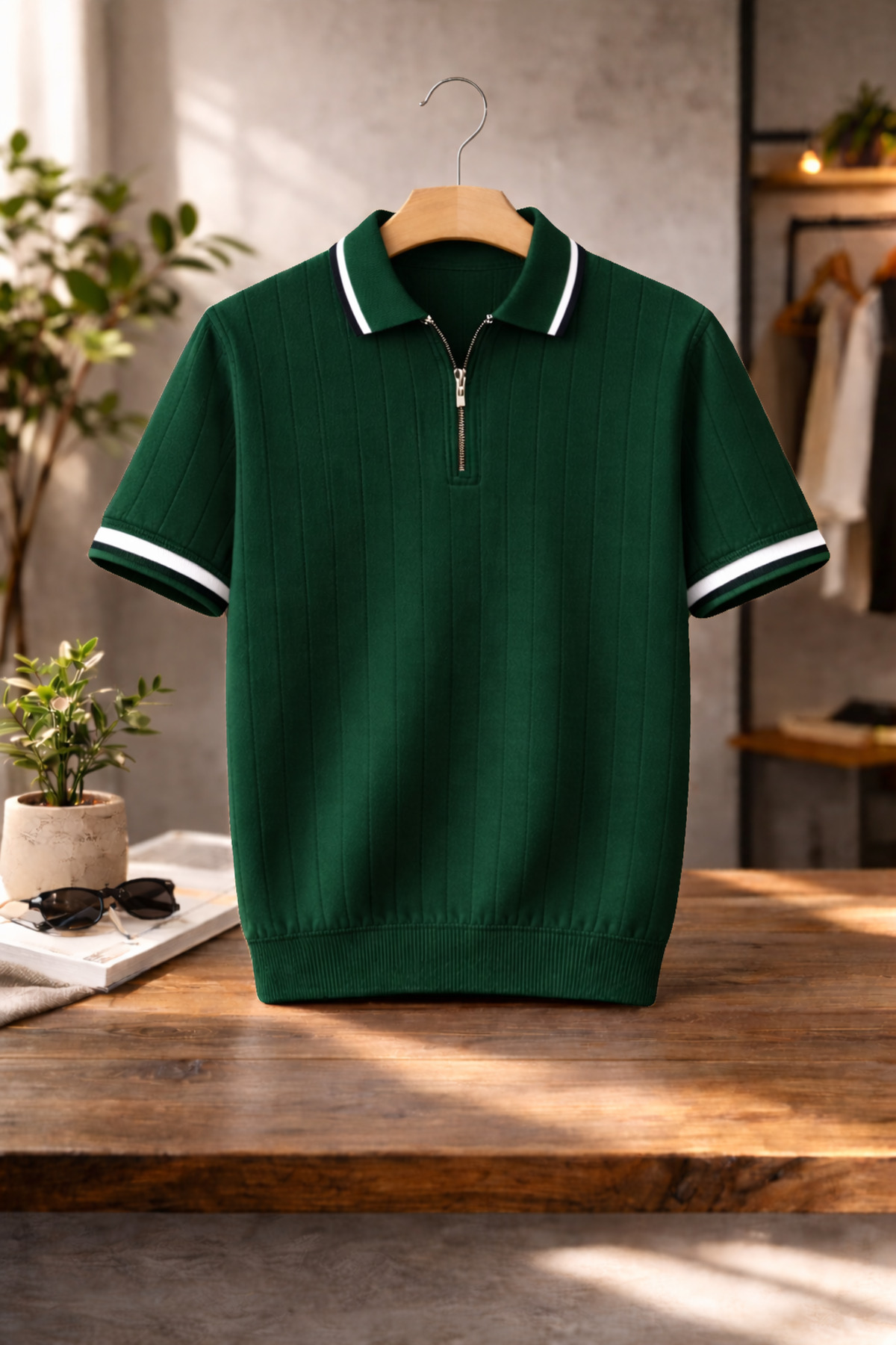 本日限定Cotton Knit Short-Sleeve Polo オリーブ 1 OTAKU Men's Zipper Polo Collar Knitwear T-Shirt Short Sleeve