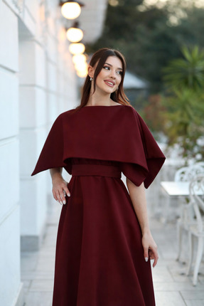 MEİZA KADIN BORDO PELERİN YAKA DETAYLI ROSSA ABİYE ELBİSE