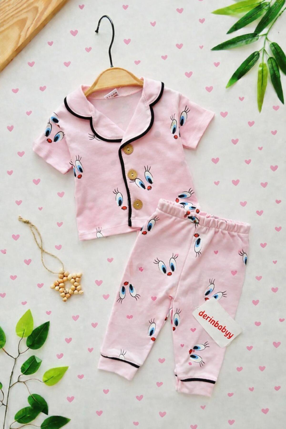 derin baby %100 Pamuk Kısa Kollu Düğmeli Yazlık Kız Erkek Unisex Tweety Bebek Çocuk Pijama Takımı fotoğrafı 2 (önizleme)